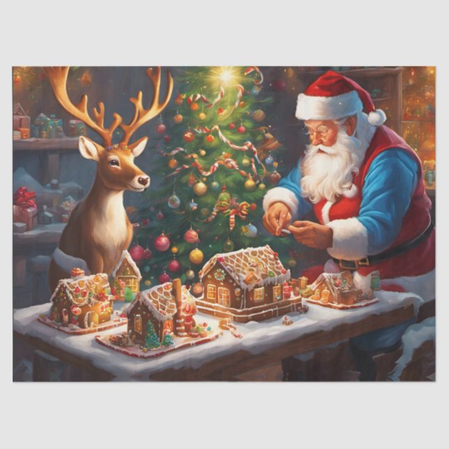 Santa and reindeer make gingerbread house tissue paper (Front)