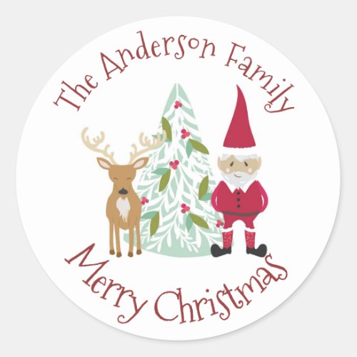 Santa and Reindeer Merry Christmas with Name Classic Round Sticker