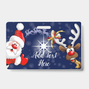 Santa and Reindeer Merry Christmass Happy Cartoon Badge