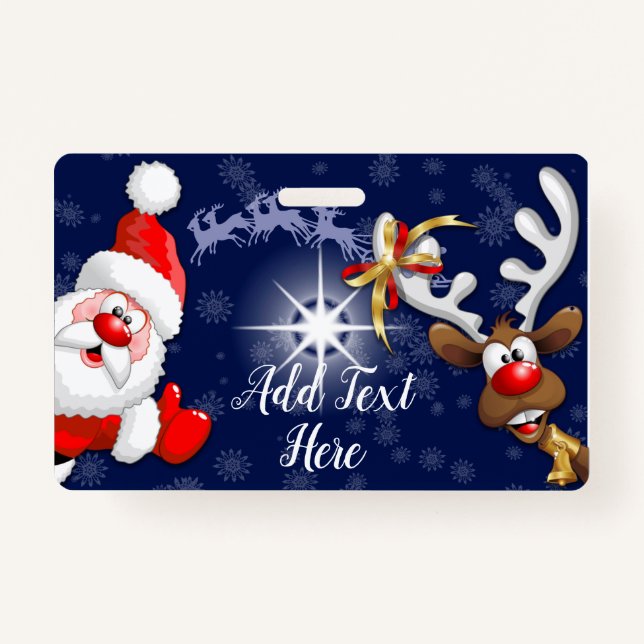 Santa and Reindeer Merry Christmass Happy Cartoon Badge (Front)