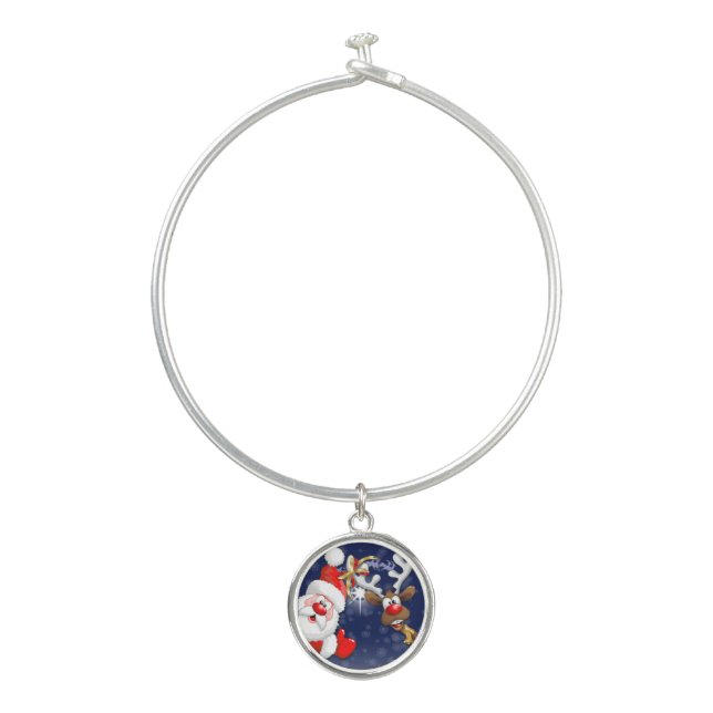 Santa and Reindeer Merry Christmass Happy Cartoon Bangle Bracelet (Front)