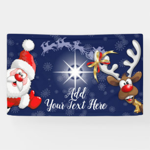 Santa and Reindeer Merry Christmass Happy Cartoon Banner