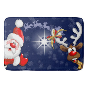 Santa and Reindeer Merry Christmass Happy Cartoon Bath Mat