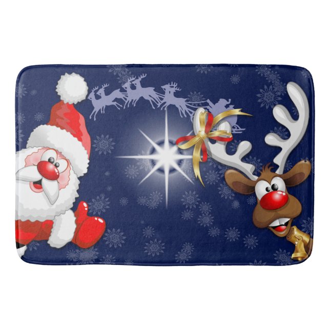 Santa and Reindeer Merry Christmass Happy Cartoon Bath Mat (Front)