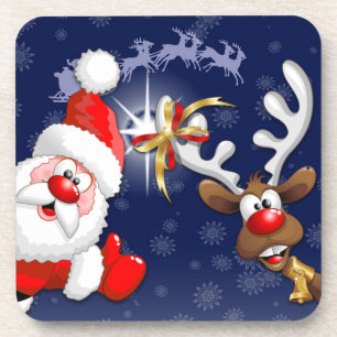 Santa and Reindeer Merry Christmass Happy Cartoon Beverage Coaster