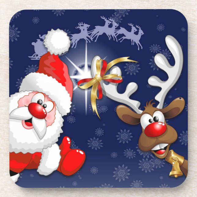 Santa and Reindeer Merry Christmass Happy Cartoon Beverage Coaster (Front)