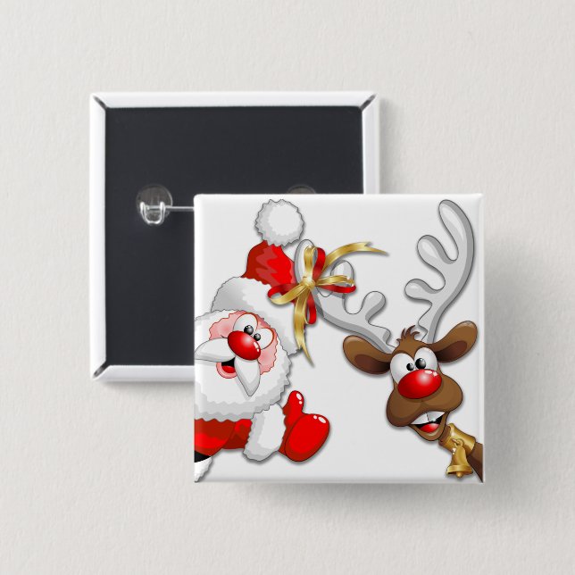 Santa and Reindeer Merry Christmass Happy Cartoon Button (Front & Back)