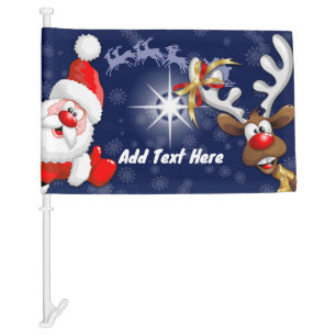 Santa and Reindeer Merry Christmass Happy Cartoon Car Flag
