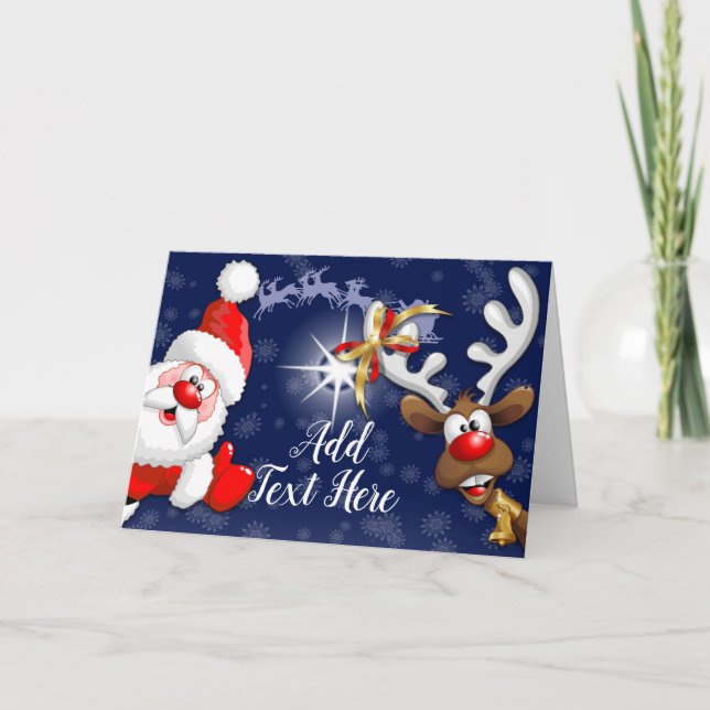 Santa and Reindeer Merry Christmass Happy Cartoon Card (Front)