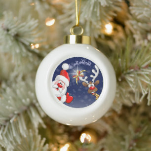 Santa and Reindeer Merry Christmass Happy Cartoon Ceramic Ball Christmas Ornament