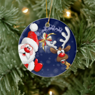 Santa and Reindeer Merry Christmass Happy Cartoon Ceramic Ornament