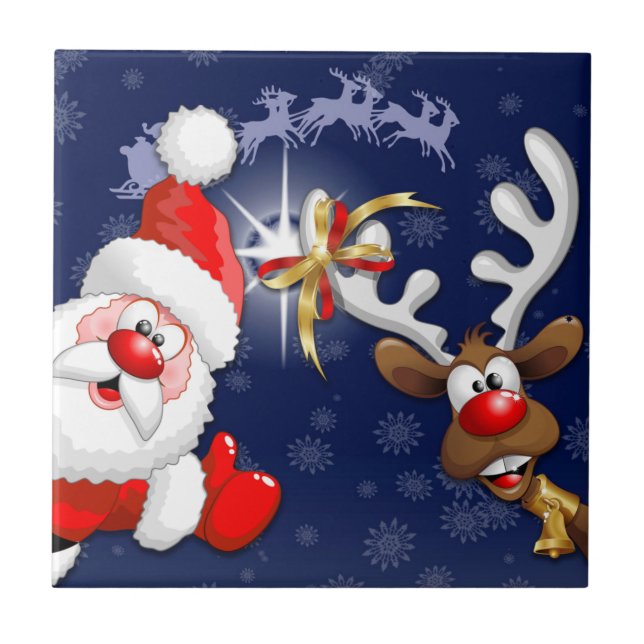 Santa and Reindeer Merry Christmass Happy Cartoon Ceramic Tile (Front)