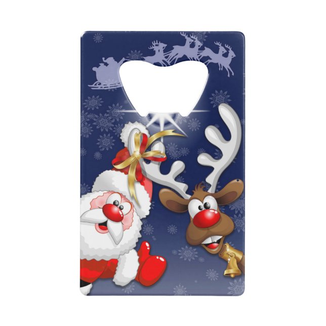 Santa and Reindeer Merry Christmass Happy Cartoon Credit Card Bottle Opener (Front)