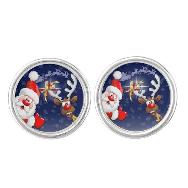 Santa and Reindeer Merry Christmass Happy Cartoon Cufflinks (Front)