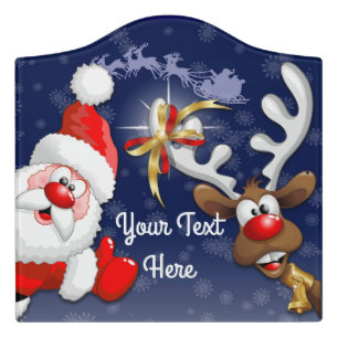 Santa and Reindeer Merry Christmass Happy Cartoon Door Sign