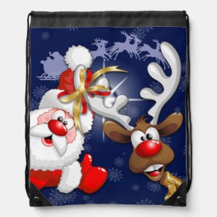 Santa and Reindeer Merry Christmass Happy Cartoon Drawstring Bag
