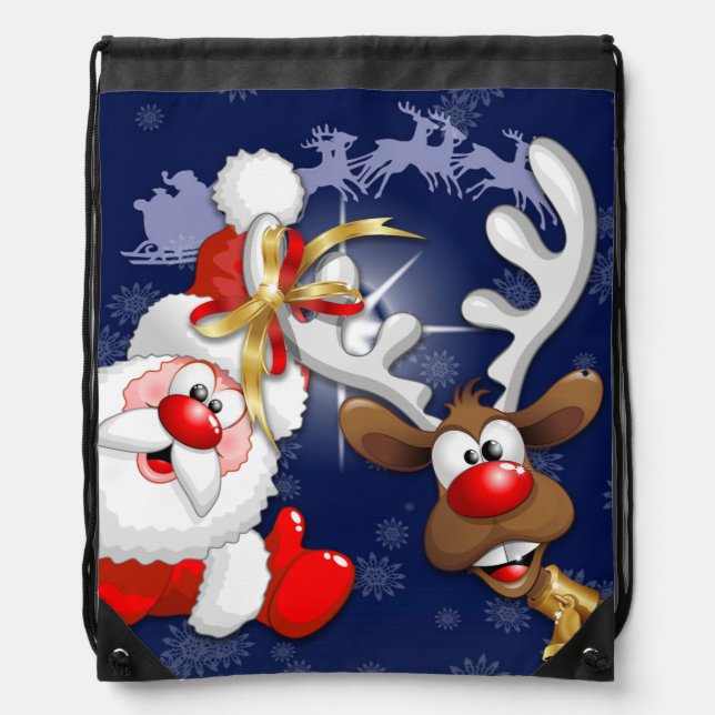 Santa and Reindeer Merry Christmass Happy Cartoon Drawstring Bag (Front)