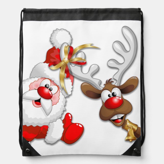 Santa and Reindeer Merry Christmass Happy Cartoon Drawstring Bag (Front)
