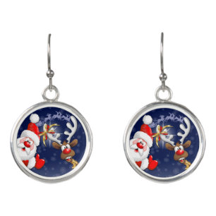 Santa and Reindeer Merry Christmass Happy Cartoon Earrings