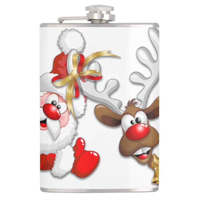 Santa and Reindeer Merry Christmass Happy Cartoon Flask (Front)