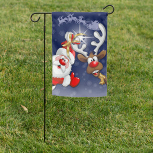 Santa and Reindeer Merry Christmass Happy Cartoon Garden Flag