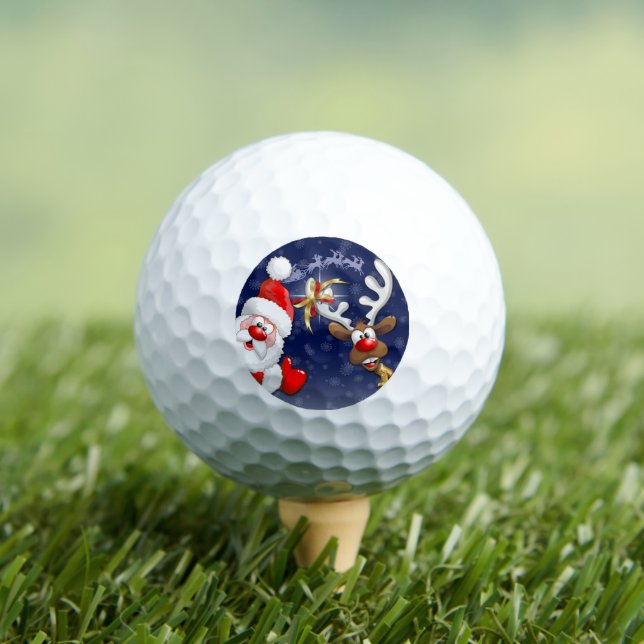Santa and Reindeer Merry Christmass Happy Cartoon Golf Balls (Insitu Tee)