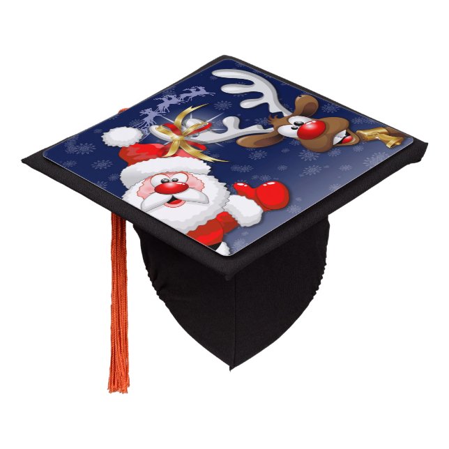 Santa and Reindeer Merry Christmass Happy Cartoon Graduation Cap Topper (Angled)