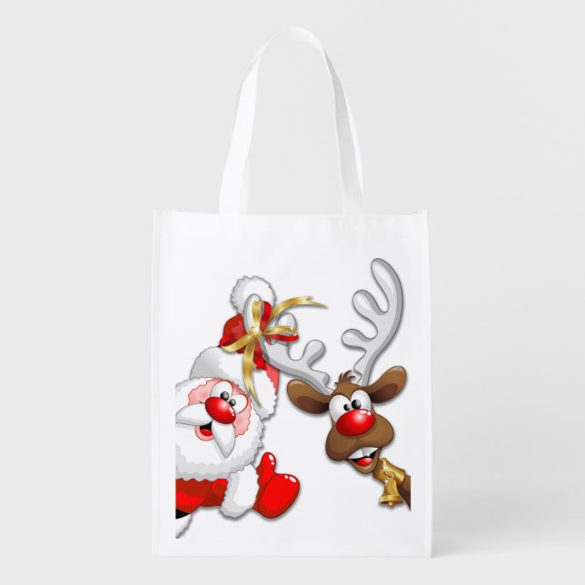 Santa and Reindeer Merry Christmass Happy Cartoon Grocery Bag (Front)
