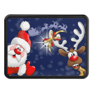 Santa and Reindeer Merry Christmass Happy Cartoon Hitch Cover