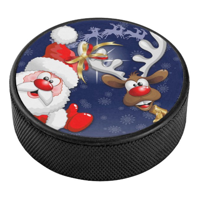 Santa and Reindeer Merry Christmass Happy Cartoon Hockey Puck (3/4)