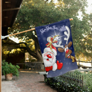 Santa and Reindeer Merry Christmass Happy Cartoon House Flag