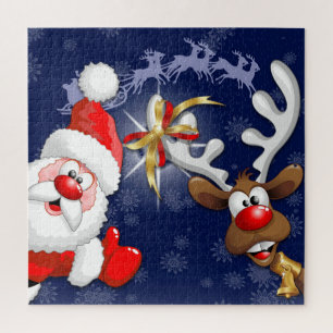 Santa and Reindeer Merry Christmass Happy Cartoon Jigsaw Puzzle