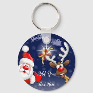 Santa and Reindeer Merry Christmass Happy Cartoon Keychain