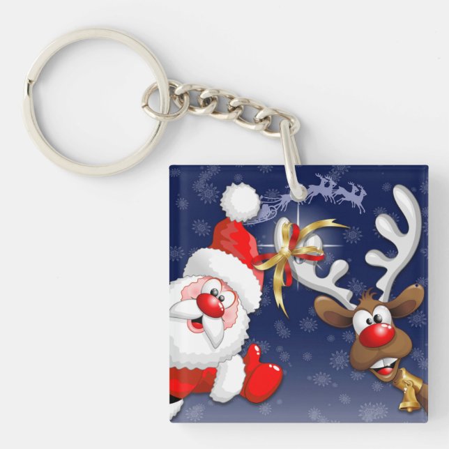 Santa and Reindeer Merry Christmass Happy Cartoon Keychain (Front)