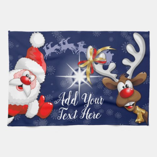 Santa and Reindeer Merry Christmass Happy Cartoon Kitchen Towel