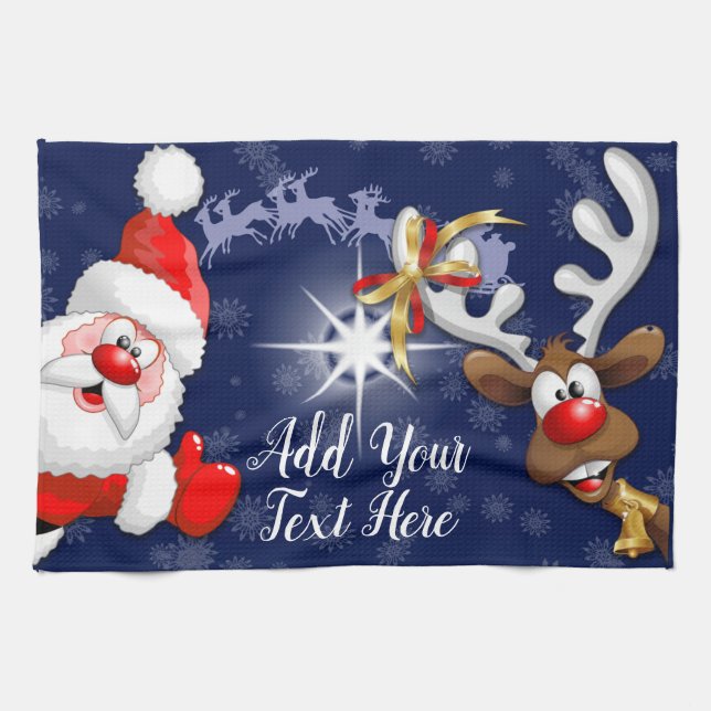 Santa and Reindeer Merry Christmass Happy Cartoon Kitchen Towel (Horizontal)