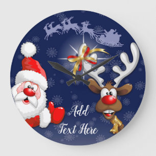 Santa and Reindeer Merry Christmass Happy Cartoon Large Clock
