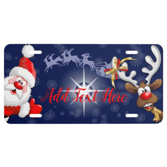 Santa and Reindeer Merry Christmass Happy Cartoon License Plate (Front)