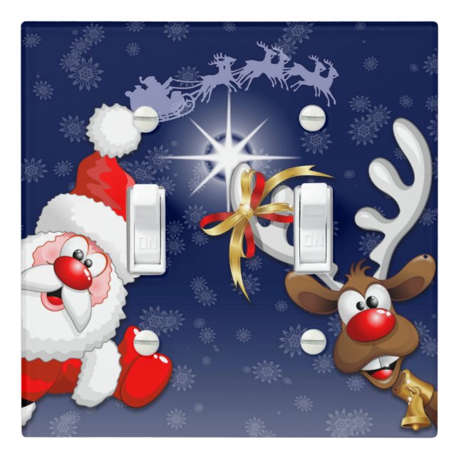 Santa and Reindeer Merry Christmass Happy Cartoon Light Switch Cover (In Situ)