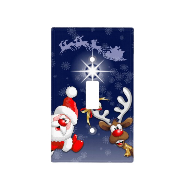 Santa and Reindeer Merry Christmass Happy Cartoon Light Switch Cover (Front)