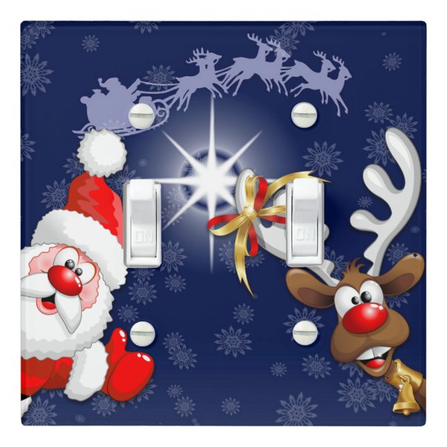 Santa and Reindeer Merry Christmass Happy Cartoon Light Switch Cover (In Situ)