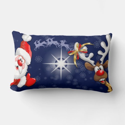 Santa and Reindeer Merry Christmass Happy Cartoon Lumbar Pillow
