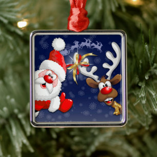 Santa and Reindeer Merry Christmass Happy Cartoon Metal Ornament