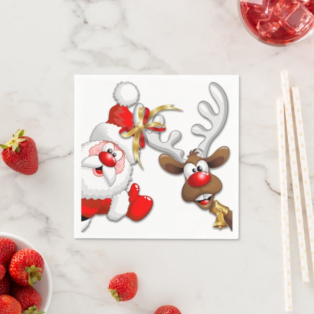 Santa and Reindeer Merry Christmass Happy Cartoon Napkins (Insitu)