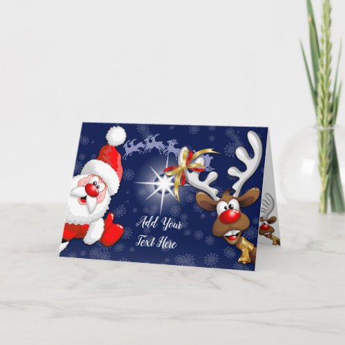 Santa and Reindeer Merry Christmass Happy Cartoon Note Card