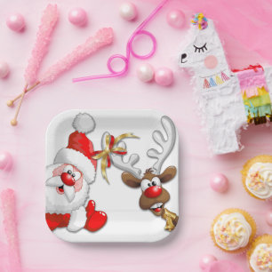 Santa and Reindeer Merry Christmass Happy Cartoon Paper Plates