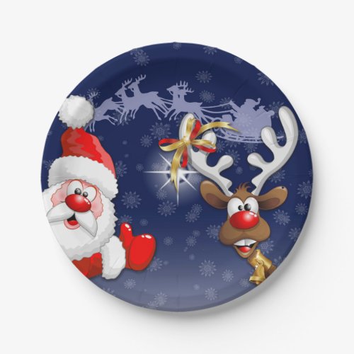 Santa and Reindeer Merry Christmass Happy Cartoon Paper Plates