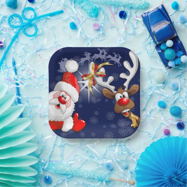 Santa and Reindeer Merry Christmass Happy Cartoon Paper Plates (Party)