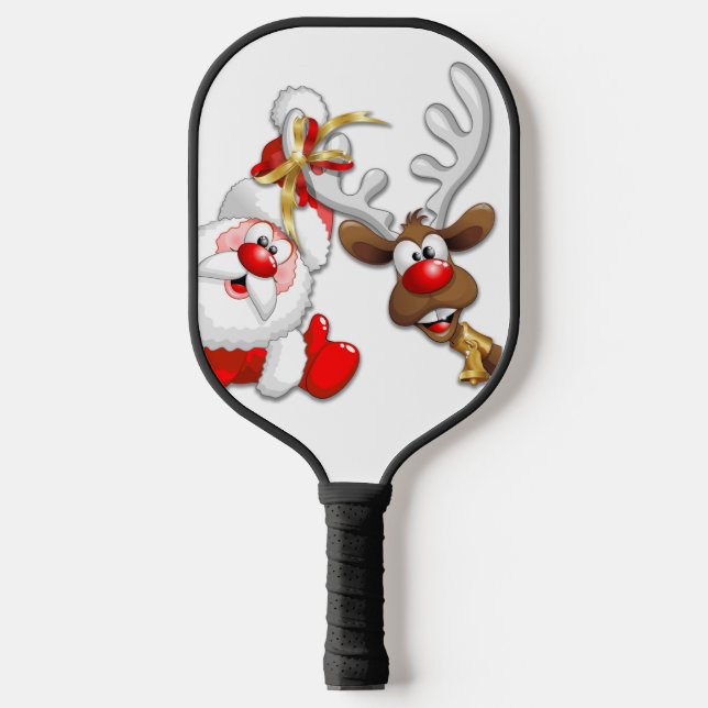 Santa and Reindeer Merry Christmass Happy Cartoon Pickleball Paddle (Front)