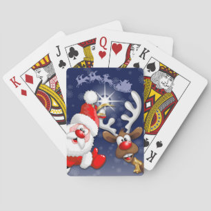 Santa and Reindeer Merry Christmass Happy Cartoon Poker Cards